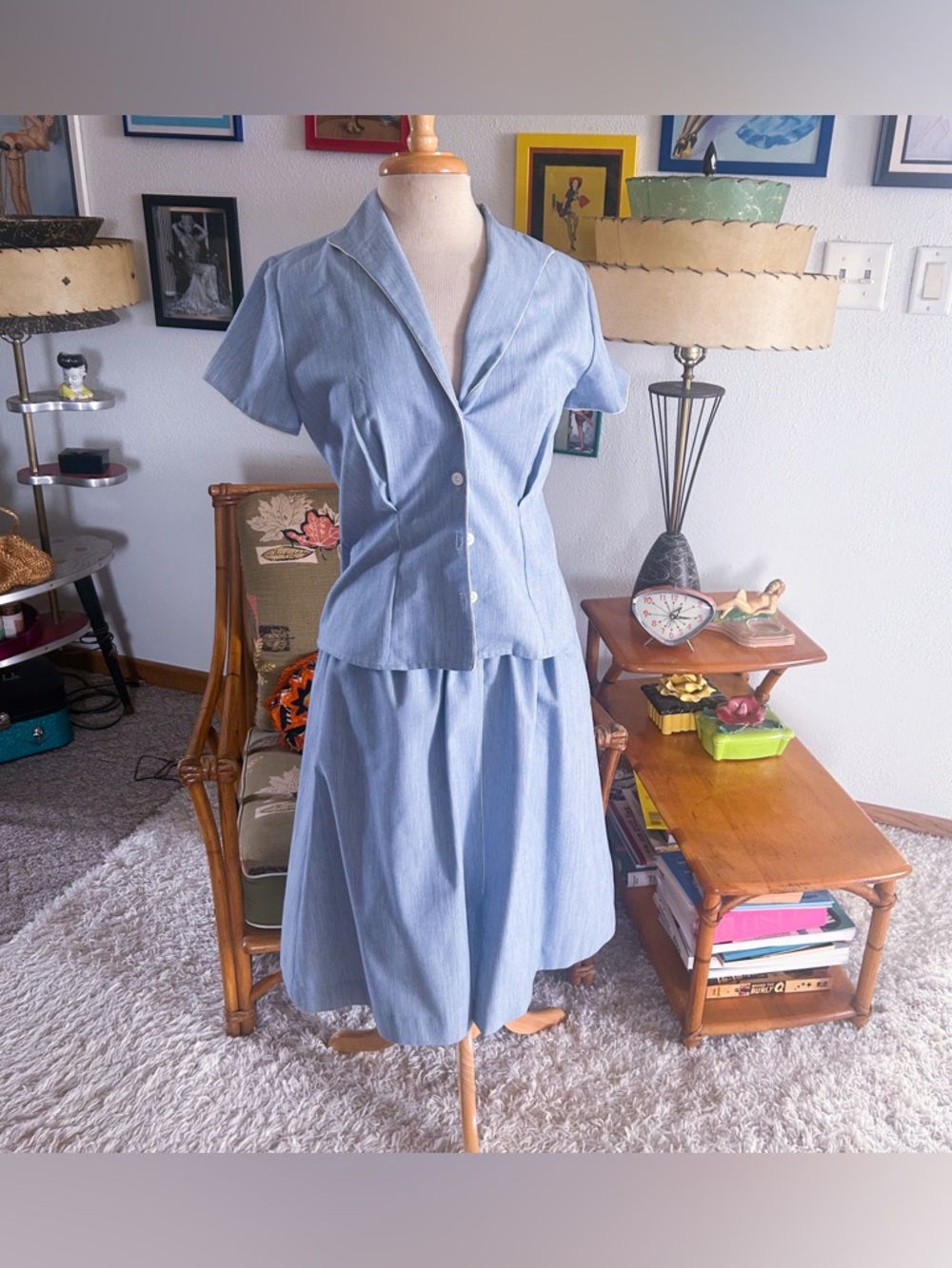 Vintage 1940s Style Suit Set | Jacket | Skirt | Blue White Stripe | M | 40s 80s